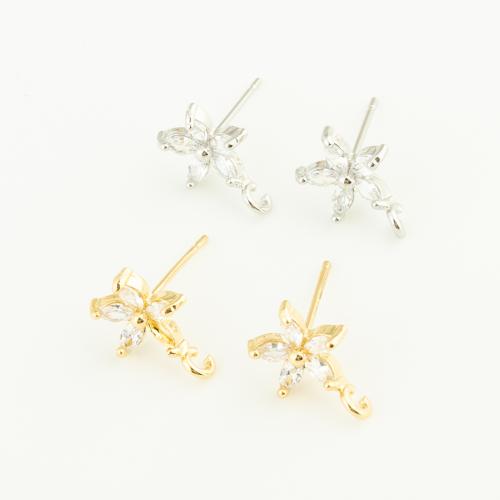 Brass Earring Stud Component, Flower, plated, DIY & micro pave cubic zirconia 