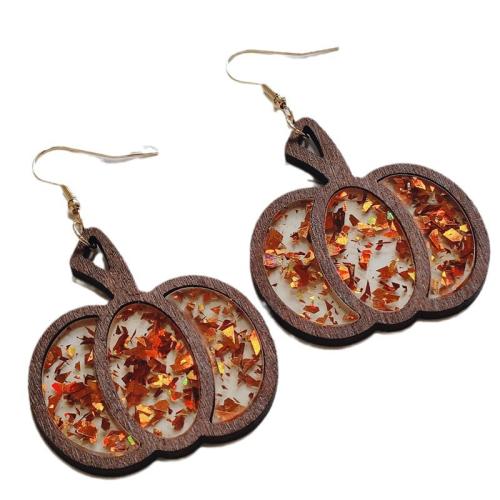 madera Pendientes con Colgantes, con fundición & Acrílico, Calabaza, Diseño de Halloween & Joyería, 64mm, Vendido por Par