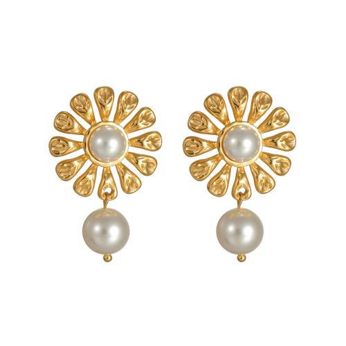 Stainless Steel Drop Earring, 304 Stainless Steel, with Plastic Pearl, Flower, plated, fashion jewelry & for woman, gold 