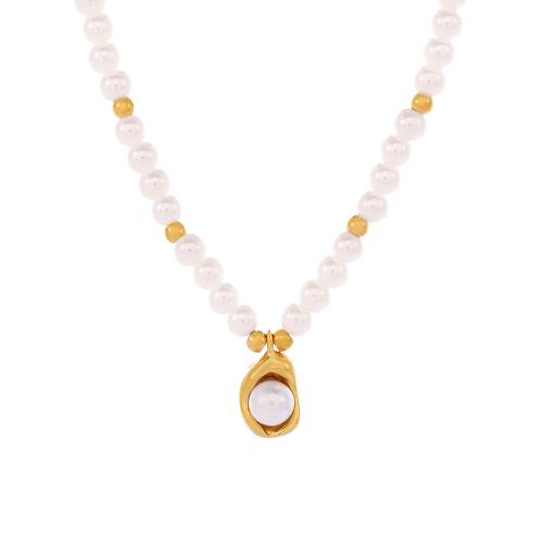 Collier de bijoux de titane, Acier titane, avec Shell Pearl, avec 7cm chaînes de rallonge, Plaqué or 18K, bijoux de mode & pour femme Environ 38 cm, Vendu par PC