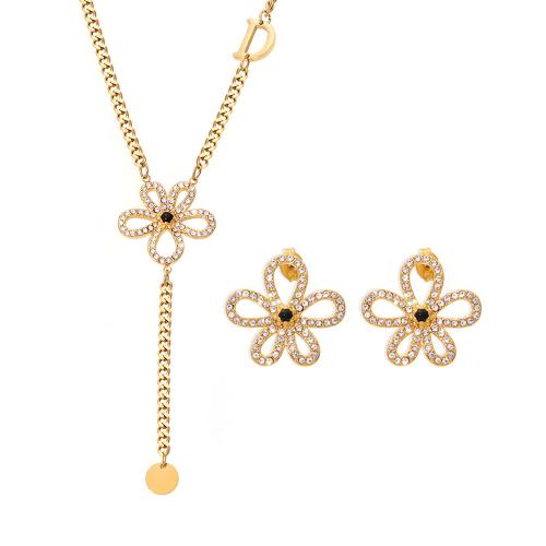 Titanium Steel Jewelry Set, with Cubic Zirconia, Flower, 18K gold plated, fashion jewelry & for woman 