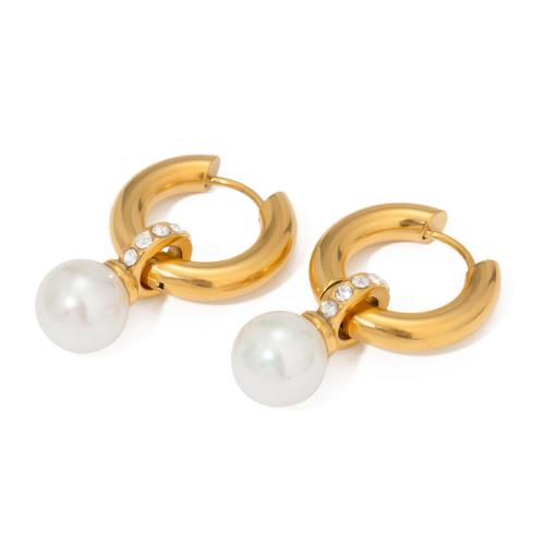 Stainless Steel Drop Earring, 304 Stainless Steel, with Plastic Pearl, plated, fashion jewelry & for woman & with rhinestone, golden 