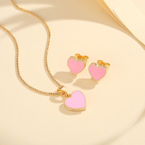 Brass Jewelry Set, Stud Earring & necklace, Heart, plated, for woman & enamel 