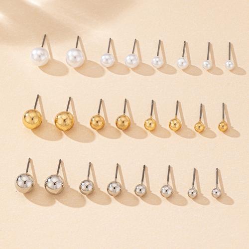 Plastic Stud Earring, Iron, with Plastic Pearl, plated, 12 pieces & for woman, mixed colors [