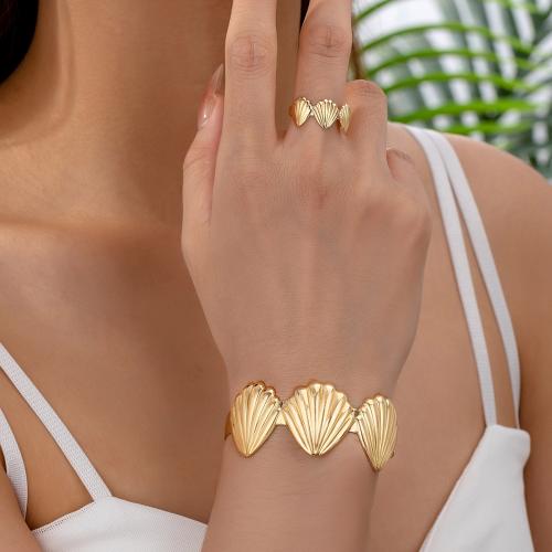 Jewelry Gift Sets, Iron, cuff bangle & finger ring, Shell, plated, for woman, gold [