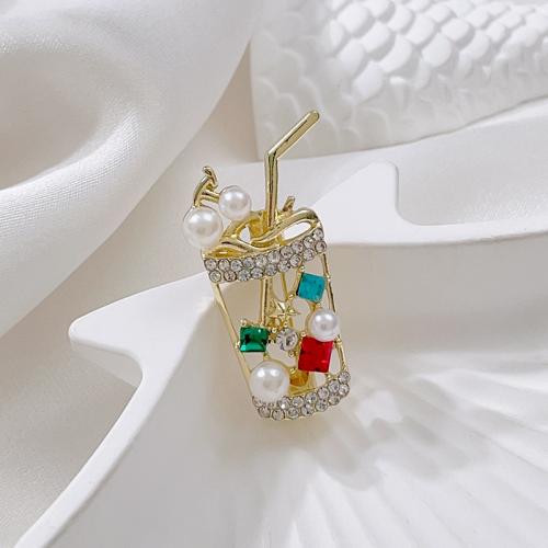 Rhinestone Zinc Alloy Brooch, with Plastic Pearl, for woman & with rhinestone, golden 