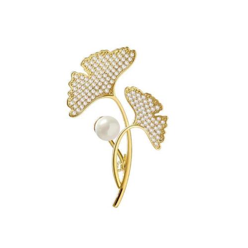 Rhinestone Zinc Alloy Brooch, with Plastic Pearl, for woman & with rhinestone, golden 