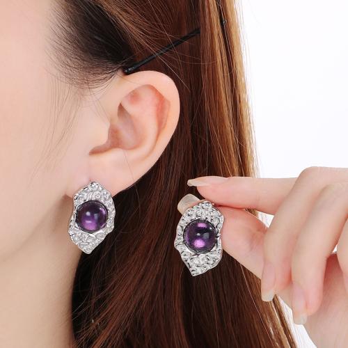 Cats Eye Earring, 304 Stainless Steel, with Cats Eye, Vacuum Ion Plating, for woman [