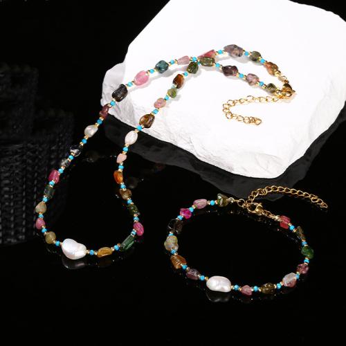 tourmaline Collier et bracelet, avec perle de plastique & Acier inoxydable 304, Irrégulière, fait à la main, styles différents pour le choix & pour femme, beads length 6-8mm, Vendu par PC[