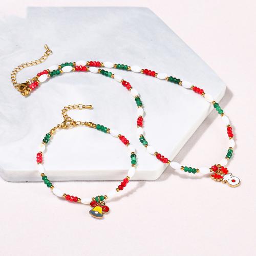 White Shell Bracelet and Necklace, with Green Calcedony & Carnelian & 304 Stainless Steel & Zinc Alloy, handmade, Christmas jewelry & for woman & enamel [