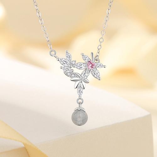 925 Sterling Silver Necklace, with Moonstone, with 2inch extender chain, Maple Leaf, platinum plated, oval chain & micro pave cubic zirconia & for woman Approx 15.7 Inch 