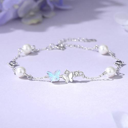 Argent sterling 925 bracelet, avec verre & perle de plastique, avec 1.6inch chaînes de rallonge, papillon, Plaqué de platine, pavé de micro zircon & pour femme Environ 6.1 pouce, Vendu par PC[