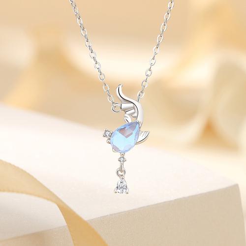 925 Sterling Silver Necklace, with Glass, with 2inch extender chain, Fish, platinum plated, oval chain & micro pave cubic zirconia & for woman Approx 15.7 Inch 