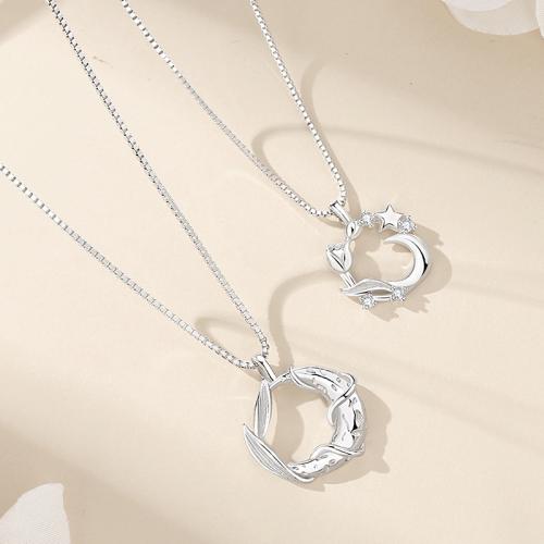 925 Sterling Silver Couple Necklace, Moon and Star, platinum plated, box chain & micro pave cubic zirconia & for couple 