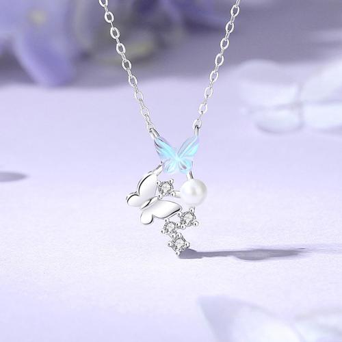 925 Sterling Silver Necklace, with Glass & Plastic Pearl, with 2inch extender chain, Butterfly, platinum plated, oval chain & micro pave cubic zirconia & for woman Approx 15.7 Inch 