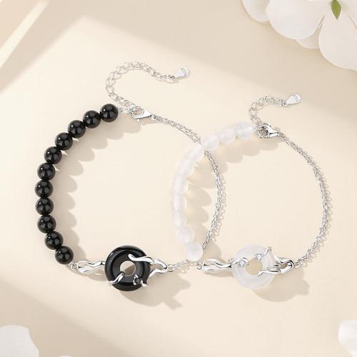 925 Sterling Silver Couple Bracelet, with Obsidian & White Chalcedony, platinum plated & micro pave cubic zirconia & for couple [