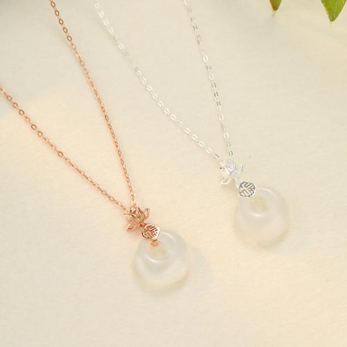 925 Sterling Silver Necklace, with White Chalcedony, with 2inch extender chain, Lotus, oval chain & micro pave cubic zirconia & for woman & hollow Approx 15.7 Inch 