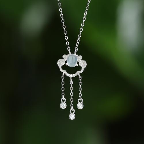 925 Sterling Silver Necklace, with White Chalcedony, with 2inch extender chain, platinum plated, oval chain & micro pave cubic zirconia & for woman & hollow Approx 15.7 Inch 