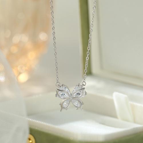 925 Sterling Silver Necklace, with 2inch extender chain, Butterfly, platinum plated, oval chain & micro pave cubic zirconia & for woman Approx 15.7 Inch 