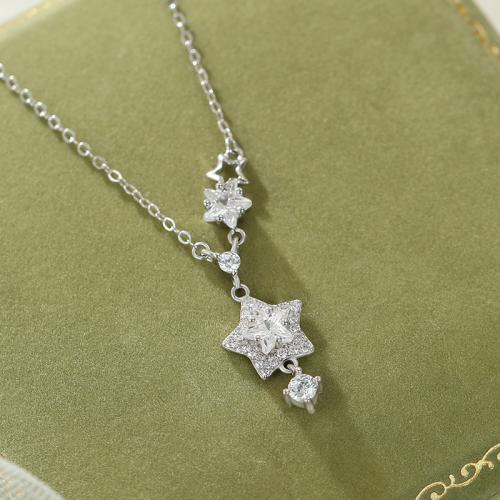 925 Sterling Silver Necklace, with 2inch extender chain, Star, platinum plated, oval chain & micro pave cubic zirconia & for woman Approx 15.7 Inch 