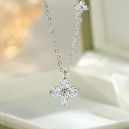 925 Sterling Silver Necklace, with 2inch extender chain, Four Leaf Clover, platinum plated, oval chain & micro pave cubic zirconia & for woman Approx 15.7 Inch 