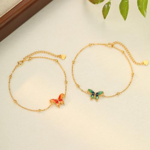 Plata de ley 925 Pulsera, con 1.6inch extender cadena, Mariposa, chapado en color dorado, para mujer & esmalte, más colores para la opción, longitud:aproximado 6.1 Inch, Vendido por UD[