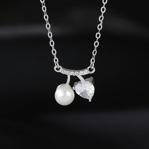 925 Sterling Silver Necklace, with Plastic Pearl, with 2inch extender chain, Cherry, platinum plated, oval chain & micro pave cubic zirconia & for woman Approx 15.7 Inch 