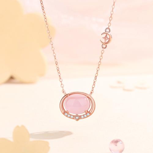 925 Sterling Silver Necklace, with Rose Quartz, with 2inch extender chain, Geometrical Pattern, rose gold color plated, oval chain & micro pave cubic zirconia & for woman Approx 15.7 Inch 