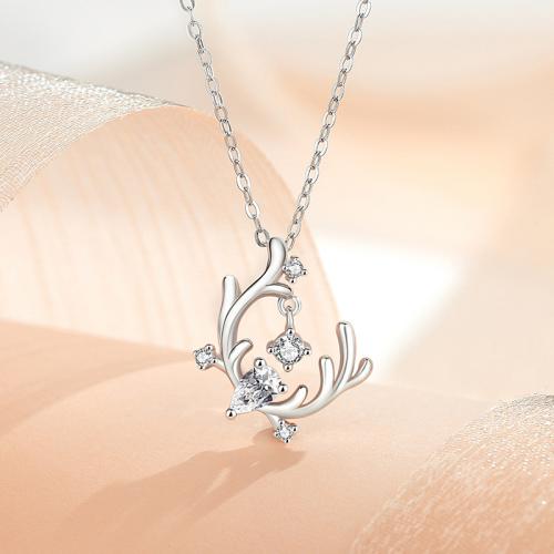 925 Sterling Silver Necklace, with 2inch extender chain, Antlers, platinum plated, oval chain & micro pave cubic zirconia & for woman Approx 15.7 Inch 