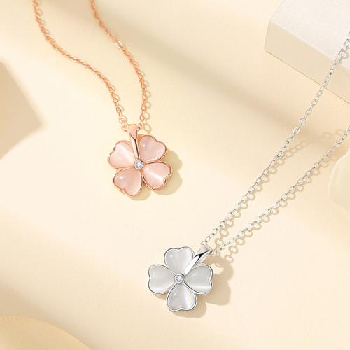 925 Sterling Silver Necklace, with Glass, with 2inch extender chain, Four Leaf Clover, oval chain & micro pave cubic zirconia & for woman Approx 15.7 Inch 