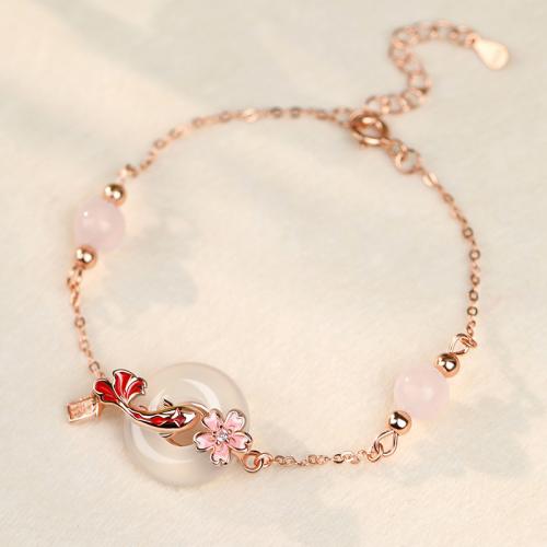 Argent sterling 925 bracelet, avec blanc calcédoine & quartz rose, avec 1.6inch chaînes de rallonge, poisson, Plaqué de couleur d'or rose, pavé de micro zircon & pour femme & émail Environ 6.1 pouce, Vendu par PC[