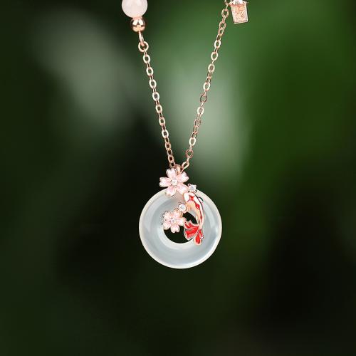 Argent sterling 925 collier, avec blanc calcédoine & quartz rose, avec 2inch chaînes de rallonge, poisson, Plaqué de couleur d'or rose, chaîne ovale & pavé de micro zircon & pour femme & émail Environ 15.7 pouce, Vendu par PC[