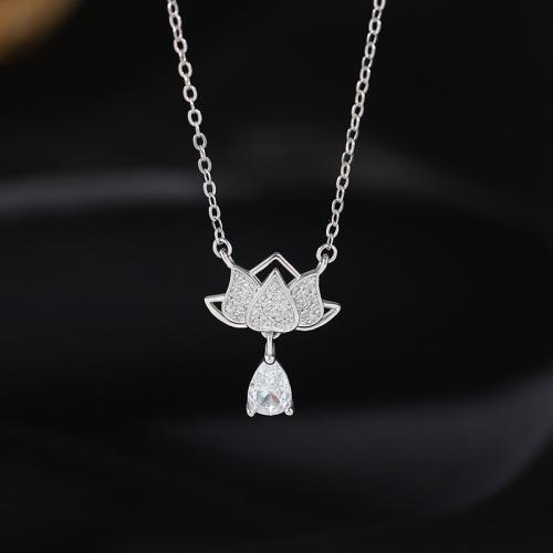 925 Sterling Silver Necklace, with 2inch extender chain, Lotus, platinum plated, oval chain & micro pave cubic zirconia & for woman Approx 15.7 Inch 