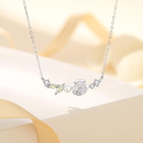 Argent sterling 925 collier, avec verre & perle de plastique, avec 2inch chaînes de rallonge, Citron, Plaqué de platine, chaîne ovale & pavé de micro zircon & pour femme Environ 15.7 pouce, Vendu par PC[