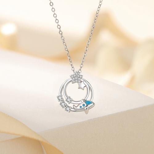 925 Sterling Silver Necklace, with 2inch extender chain, platinum plated, oval chain & micro pave cubic zirconia & for woman & enamel & hollow Approx 15.7 Inch 