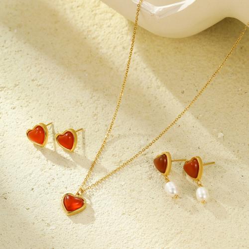 Fashion Stainless Steel Jewelry Sets, 304 Stainless Steel, with Red Agate, 18K gold plated, fashion jewelry & for woman, golden 