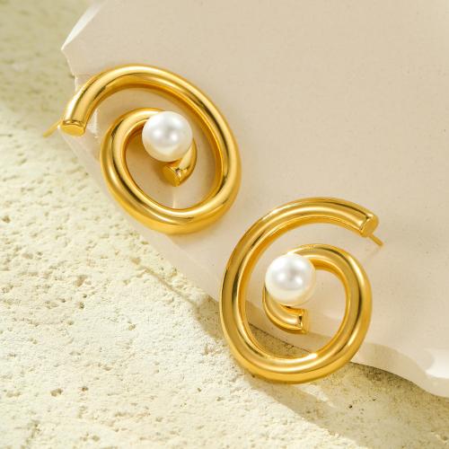 Stainless Steel Leverback Earring, 304 Stainless Steel, with Plastic Pearl, 18K gold plated, fashion jewelry & for woman & hollow, golden 