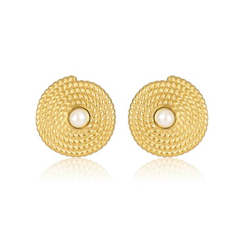 Stainless Steel Pearl Stud Earring, 304 Stainless Steel, with Plastic Pearl, 18K gold plated, fashion jewelry & for woman, golden, 21.5mm [