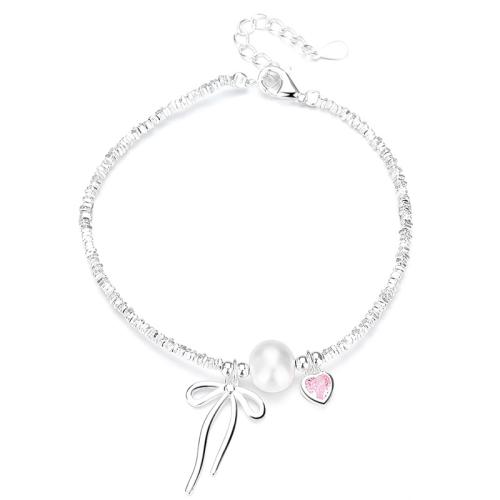 Cubic zirconia pavimenta la pulsera de plata de ley, Plata de ley 925, con Shell Pearl, con 4cm extender cadena, Joyería & micro arcilla de zirconia cúbica & para mujer, longitud:aproximado 15 cm, Vendido por UD[