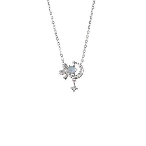 Cubic Zirconia Micro Pave Sterling Silver Necklace, 925 Sterling Silver, with Moonstone, with 5cm extender chain, fashion jewelry & micro pave cubic zirconia & for woman Approx 40 cm 