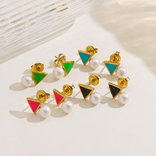 Stainless Steel Stud Earring, 304 Stainless Steel, with Plastic Pearl, gold color plated, for woman & enamel 