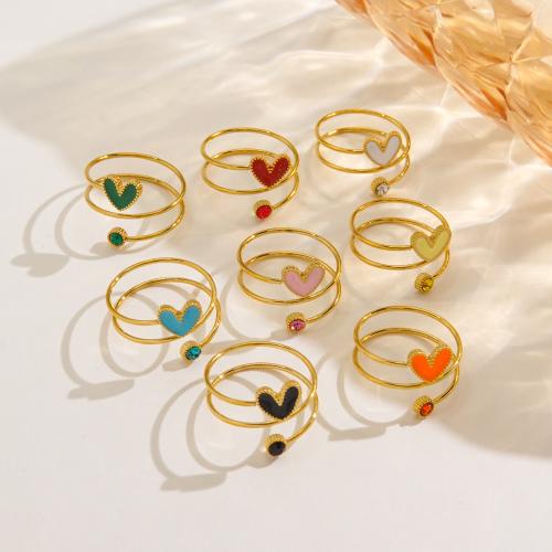 Rhinestone Stainless Steel Finger Ring, 304 Stainless Steel, Heart, gold color plated, for woman & enamel & with rhinestone [