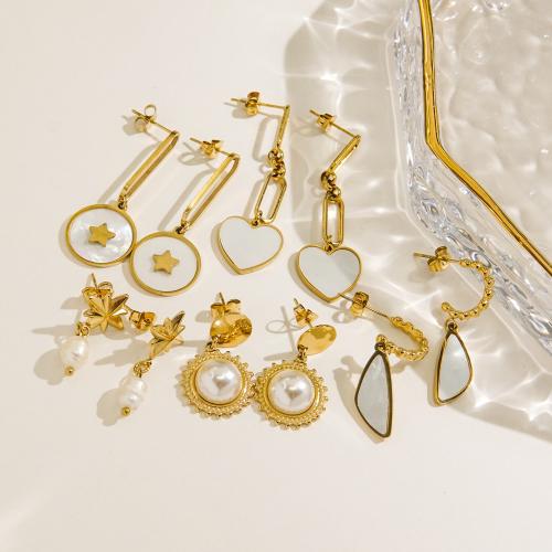 Stainless Steel Drop Earring, 304 Stainless Steel, with Shell & Plastic Pearl, gold color plated & for woman 