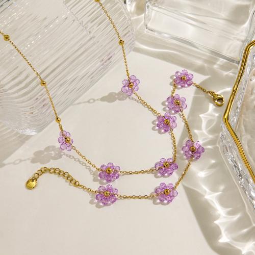 Fashion Stainless Steel Jewelry Sets, 304 Stainless Steel, with Glass, Flower, gold color plated & for woman [