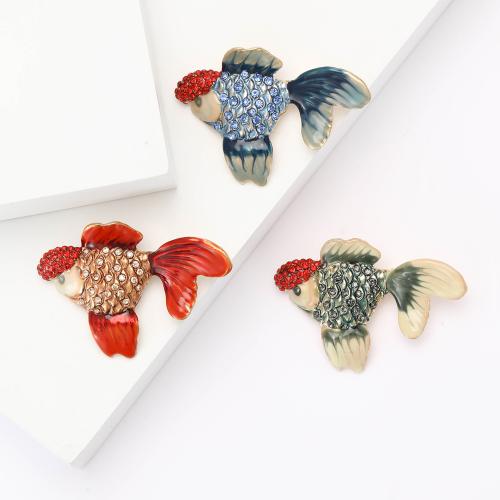 Rhinestone Zinc Alloy Brooch, Fish, gold color plated, for woman & enamel & with rhinestone 