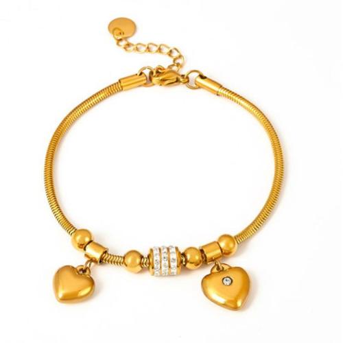 Stainless Steel Charm Bracelet, 304 Stainless Steel, with 3cm extender chain, plated, fashion jewelry & for woman & with rhinestone, golden Approx 17 cm [