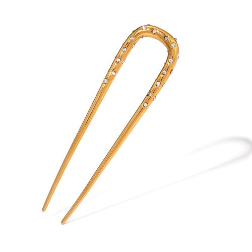 Hair Stick, 304 Stainless Steel, with Cubic Zirconia, plated, fashion jewelry & for woman, golden 