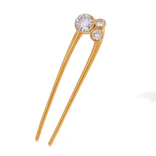 Hair Stick, 304 Stainless Steel, with Cubic Zirconia, plated, fashion jewelry & for woman, golden 