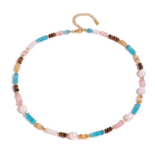 Gemstone Necklaces, Natural Stone, with Plastic Pearl & 304 Stainless Steel, with 1.96 Inch extender chain, plated, fashion jewelry & for woman, multi-colored .14 Inch 