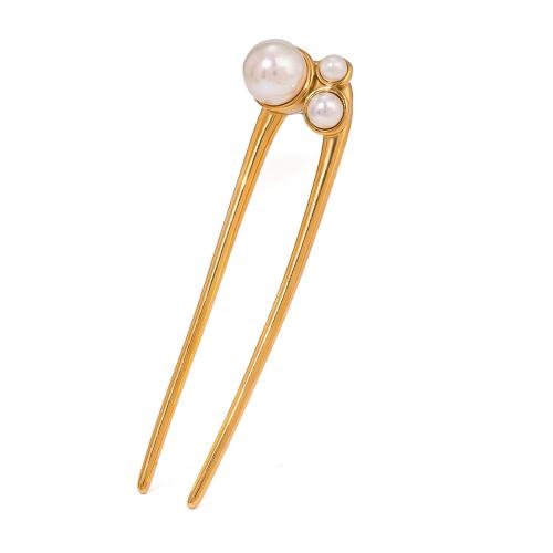 Hair Stick, 304 Stainless Steel, with Plastic Pearl, 18K gold plated, fashion jewelry & for woman 